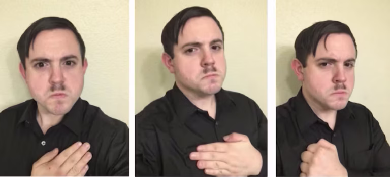 Three photos of Hale-Cusanelli with a Hitler mustache and haircut.
